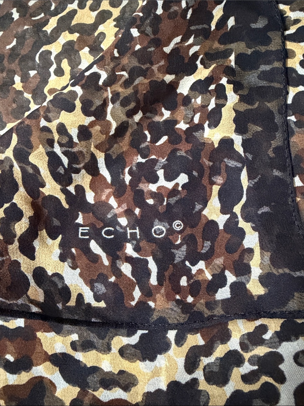 Vintage Echo silk scarf cheetah Print 21” square black tan brown